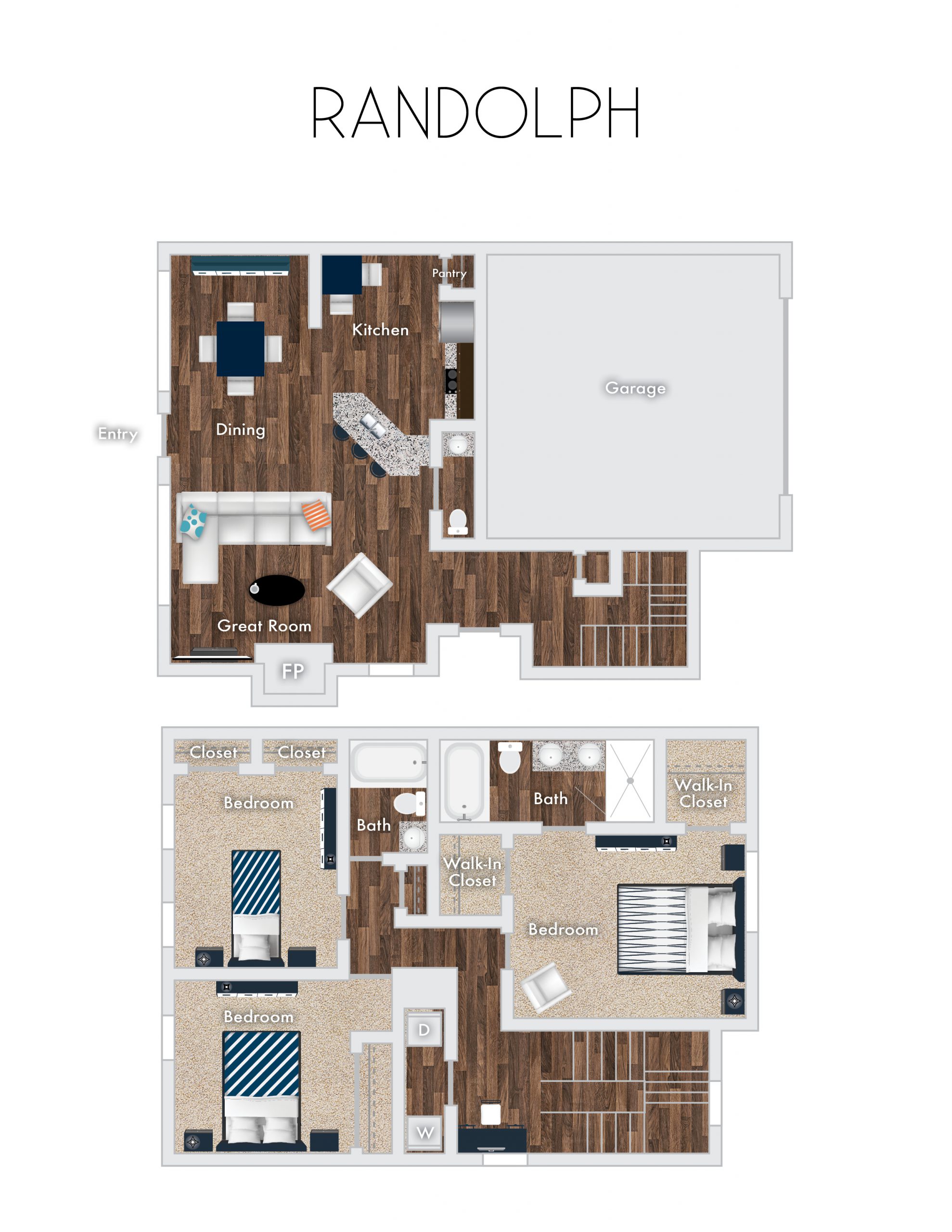 Randolph floor plan, 2 Story, 3 Bedrooms, 2 Baths, with 2 Car Garage