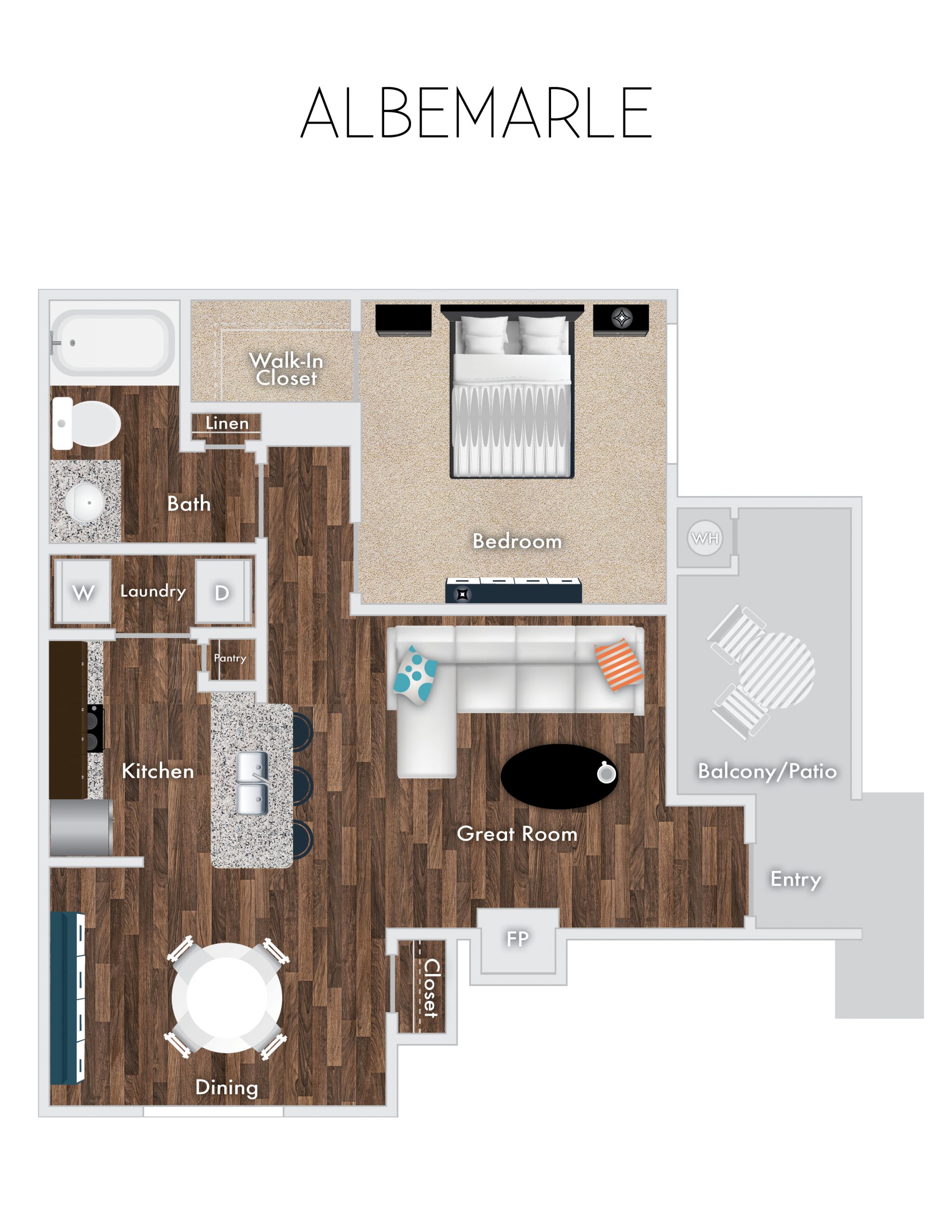 Albermarle Floor Plan, 1 Bedroom, 1 Bath