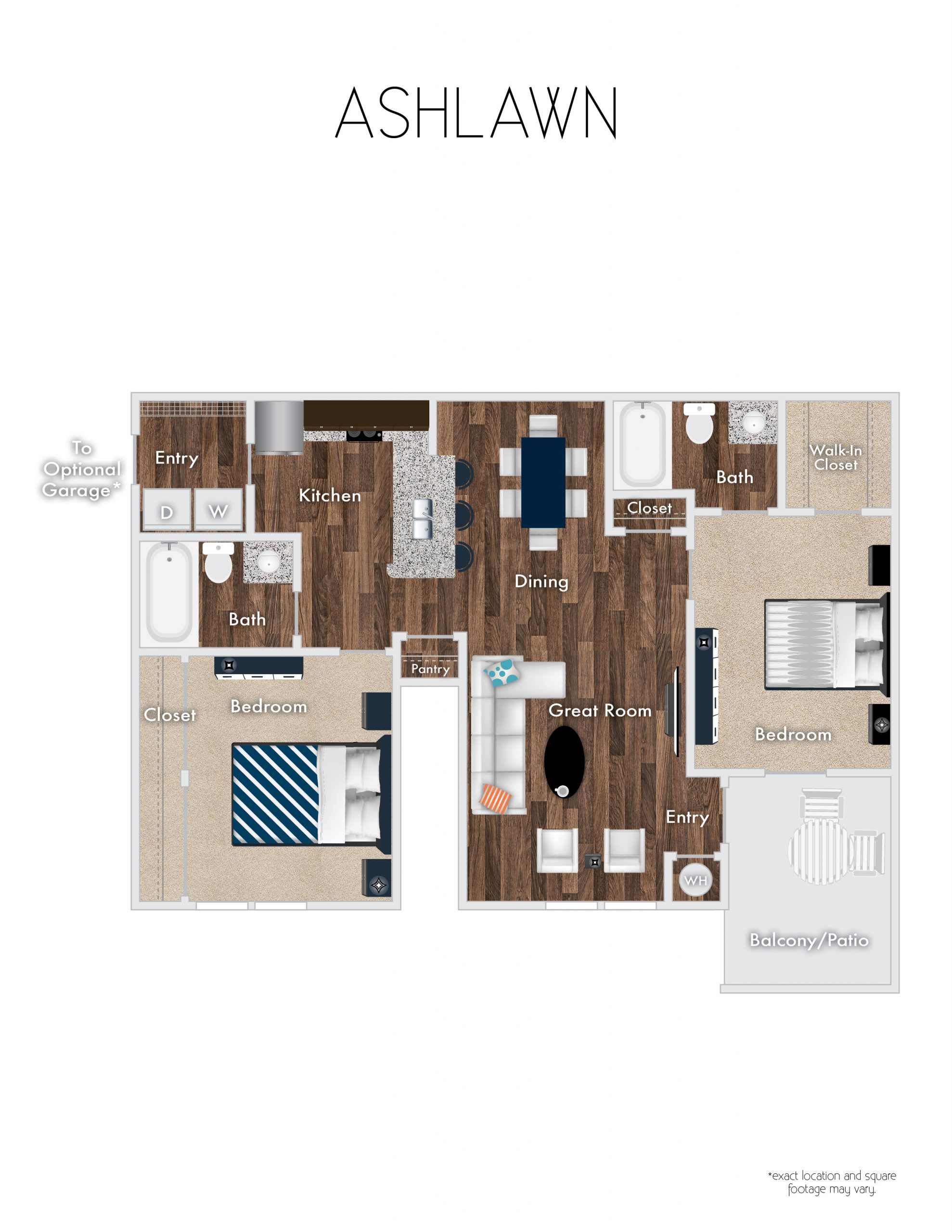 Ashlawn Floor Plan, 2 Bedroom, 2 Bath with optional garage.