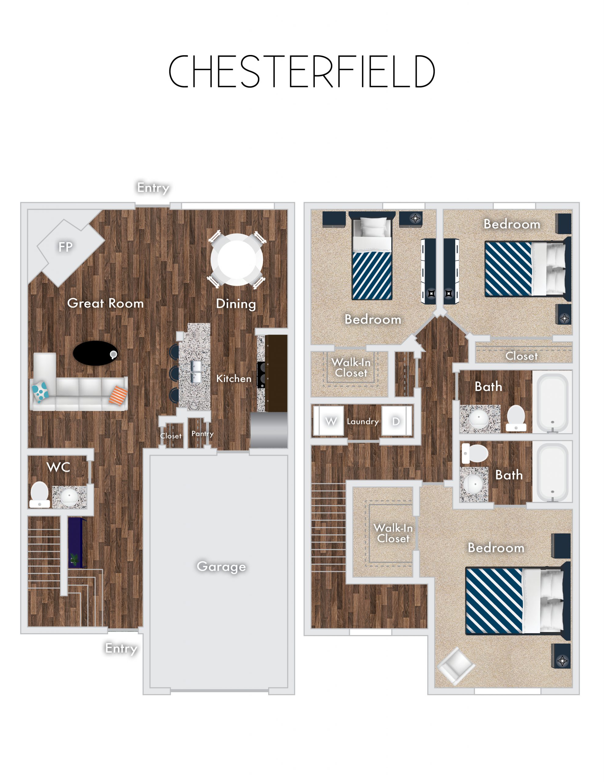 Chesterfield Floor Plan, 2 Story, 3 Bedrooms, 2 Baths with garage.