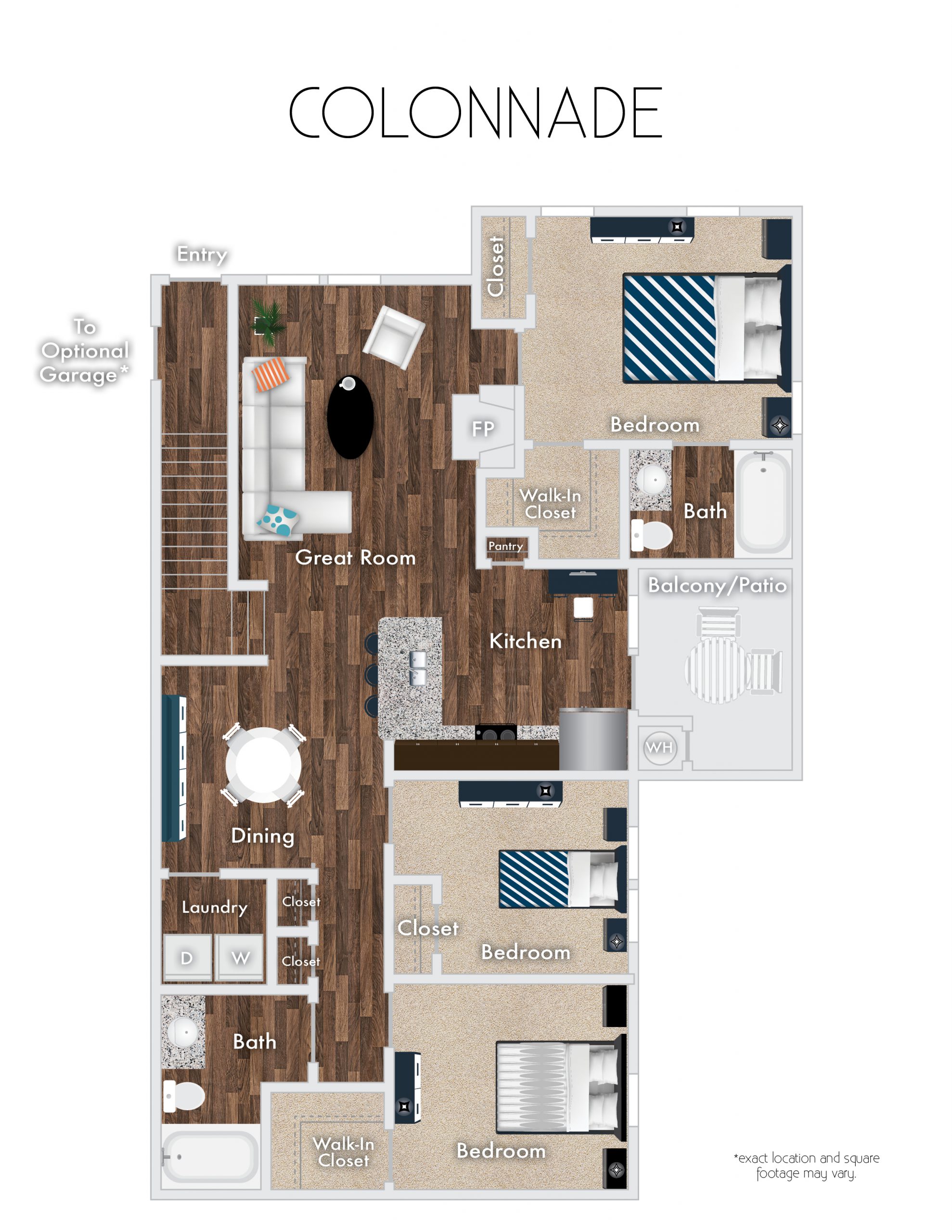 Colonnade floor plan, 3 Bedrooms, 2 Baths with optional garage.