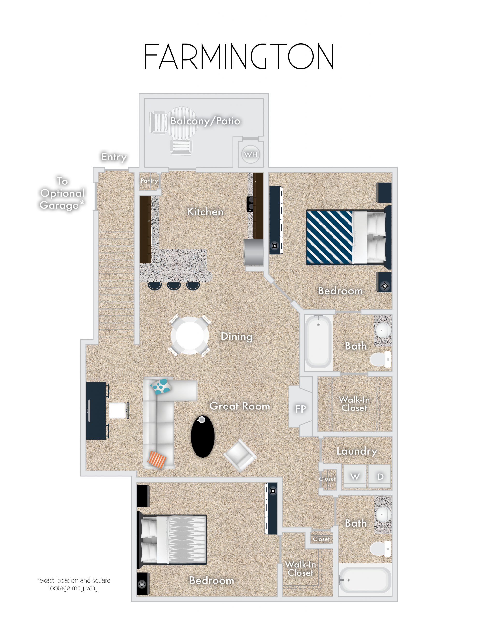 Farmington Floor Plan, 2 Bedrooms, 2 Baths